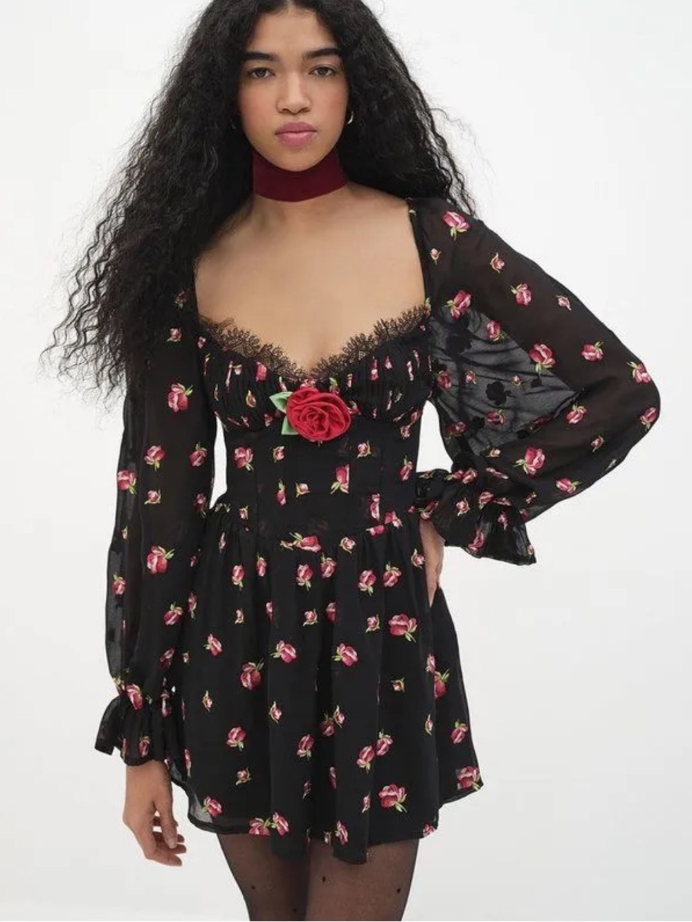 Floral Lace-Trim Black Mini Dress with Embroidered Rose Accent
